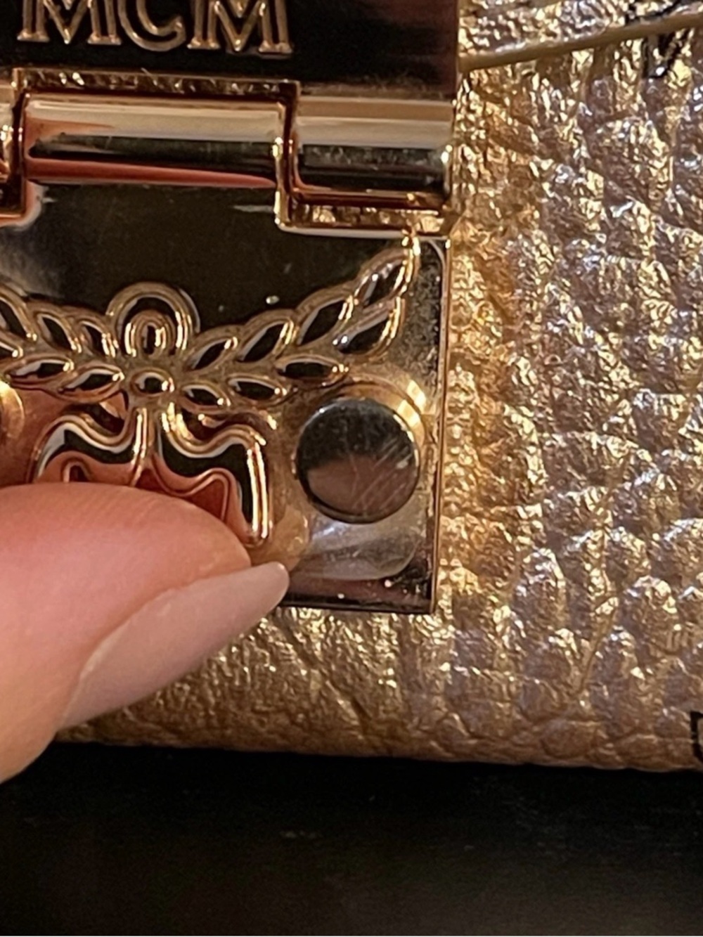 MCM Metallic Rose Gold Visetos Studded Crossbody w Silver Chain - Picture 8 of 8